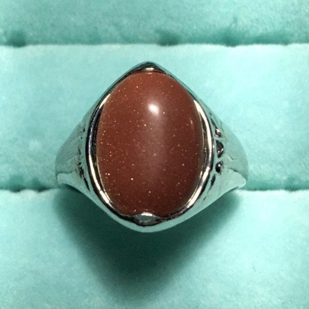 Goldstone Ring Size 6.75 Silver Tone Band Brown Glass Glittery Cabochon